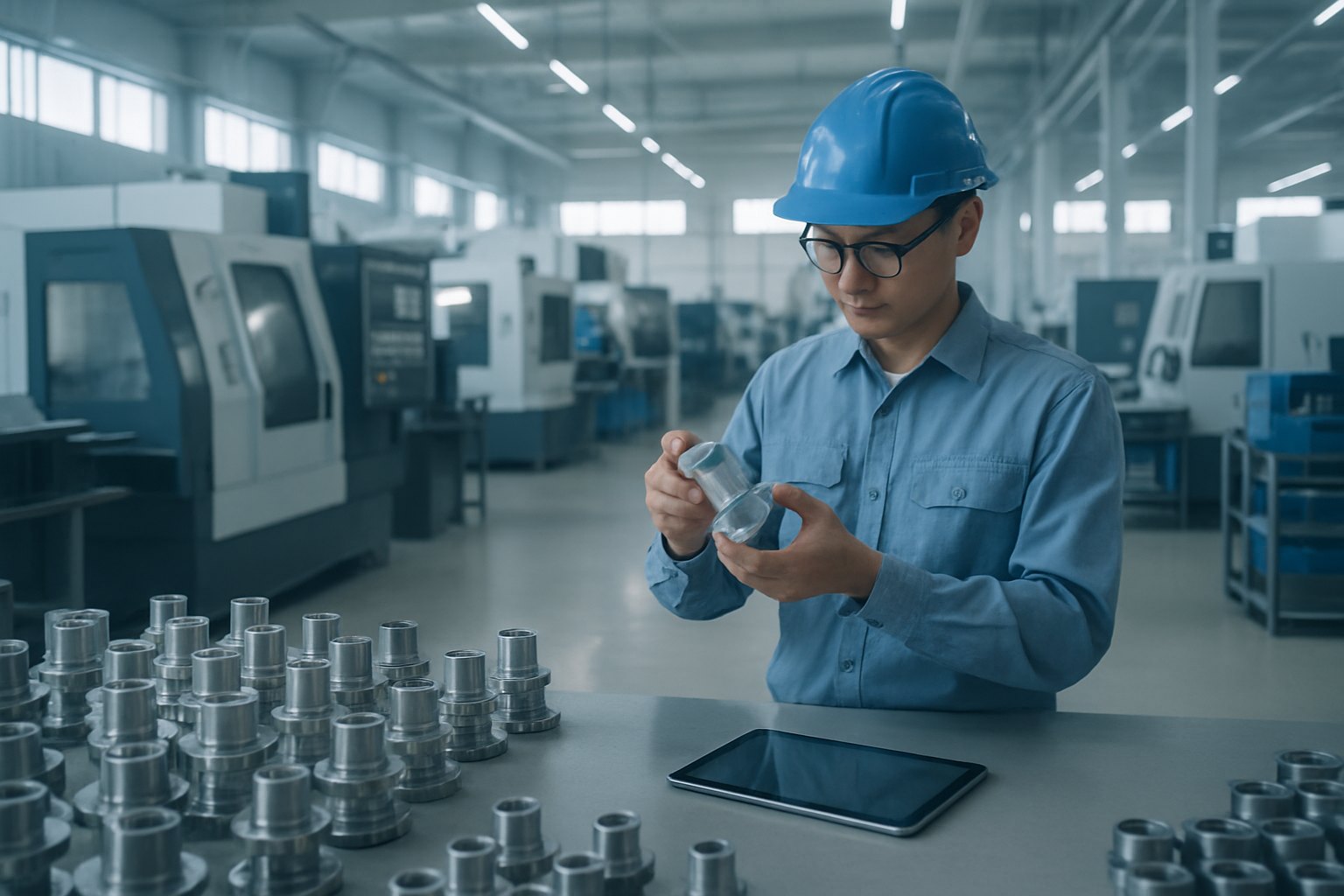 Industriepersonal prüft Bauteile vor Ort